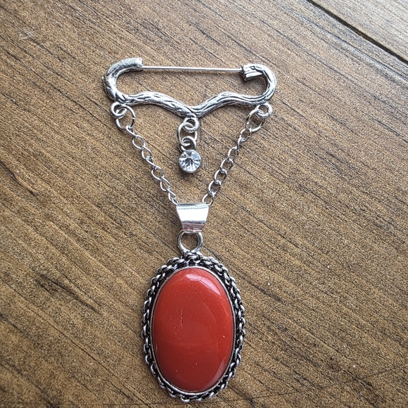 Hand Crafted Jewelry - Hand Crafted Silver and Red Chain Brooch
